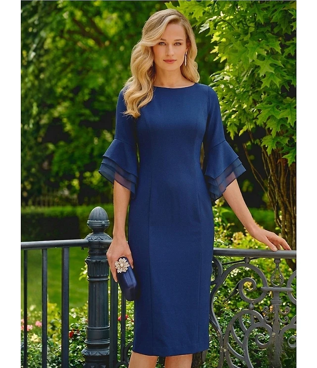 blue bell sleeve dress Adrianna Papell Stretch Crepe 3/4 Boat Neck Sheath Atria Signature Colors:Burnt Orange beaded shell Light Blue Prom Dresses Sail to Sable Ruffle