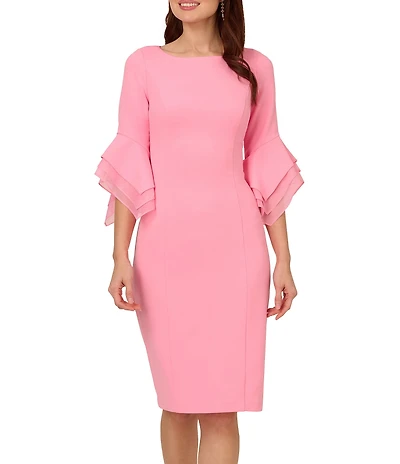 Adrianna Papell Stretch Crepe 3/4 Bell Sleeve Boat Neck Sheath Dress