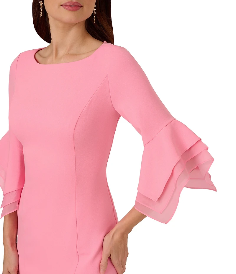 Adrianna Papell Stretch Crepe 3/4 Bell Sleeve Boat Neck Sheath Dress