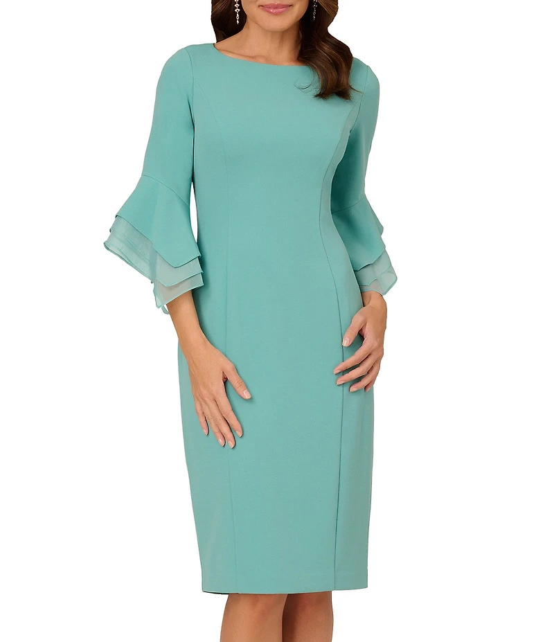 Adrianna Papell Stretch Crepe 3/4 Bell Sleeve Boat Neck Sheath Dress