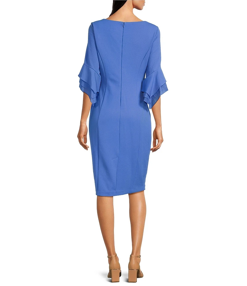 Adrianna Papell Stretch Crepe 3/4 Bell Sleeve Boat Neck Sheath Dress