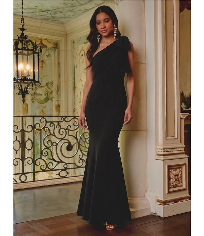 Adrianna Papell Stretch Crepe Bow One Shoulder Mermaid Gown