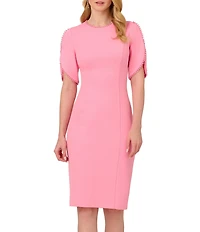 Adrianna Papell Stretch Crepe Crew Neck Short Sleeve Pearl Trim Knee Length Sheath Dress