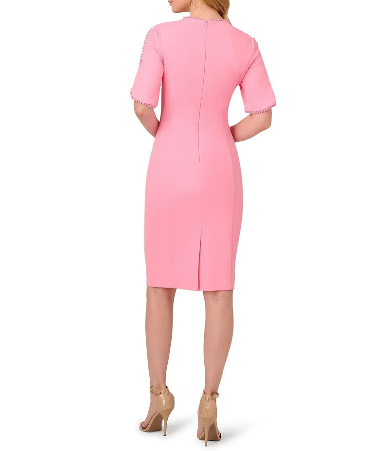 Adrianna Papell Stretch Crepe Crew Neck Short Sleeve Pearl Trim Knee Length Sheath Dress