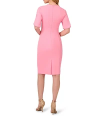 Adrianna Papell Stretch Crepe Crew Neck Short Sleeve Pearl Trim Knee Length Sheath Dress