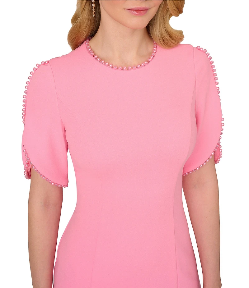 Adrianna Papell Stretch Crepe Crew Neck Short Sleeve Pearl Trim Knee Length Sheath Dress