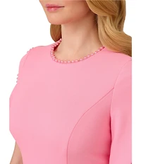 Adrianna Papell Stretch Crepe Crew Neck Short Sleeve Pearl Trim Knee Length Sheath Dress