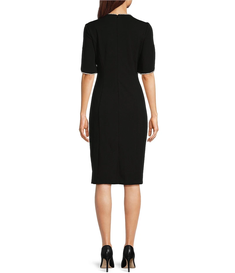 Adrianna Papell Stretch Crepe Crew Neck Short Sleeve Pearl Trim Knee Length Sheath Dress