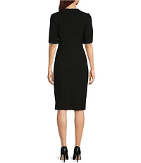 Adrianna Papell Stretch Crepe Crew Neck Short Sleeve Pearl Trim Knee Length Sheath Dress