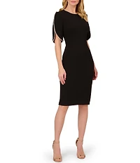 Adrianna Papell Stretch Crepe Crew Neck Short Sleeve Pearl Trim Knee Length Sheath Dress
