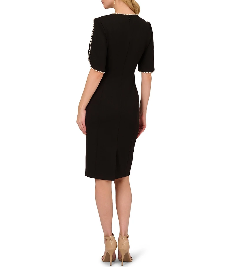 Adrianna Papell Stretch Crepe Crew Neck Short Sleeve Pearl Trim Knee Length Sheath Dress