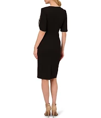 Adrianna Papell Stretch Crepe Crew Neck Short Sleeve Pearl Trim Knee Length Sheath Dress