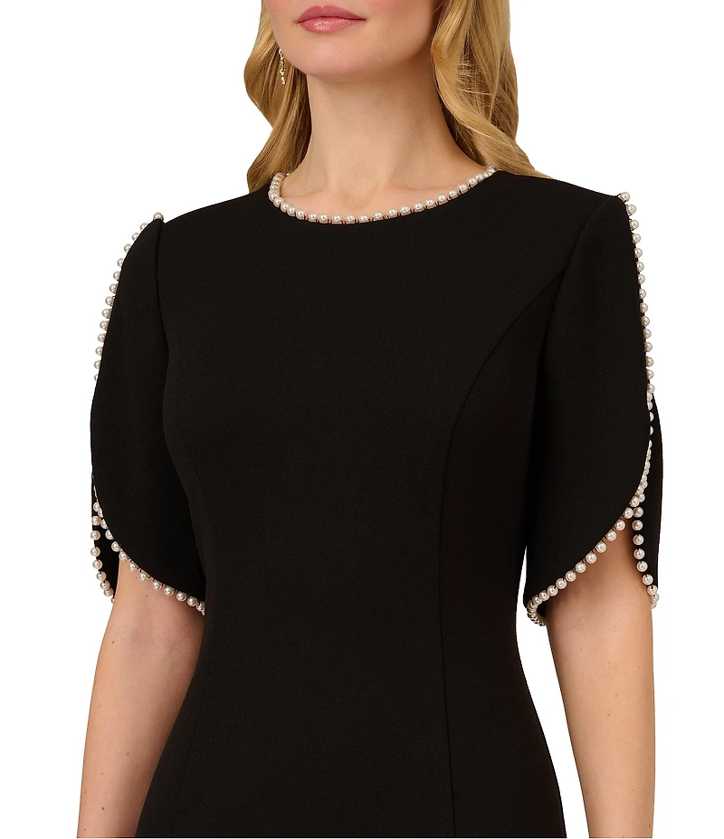 Adrianna Papell Stretch Crepe Crew Neck Short Sleeve Pearl Trim Knee Length Sheath Dress
