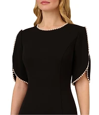 Adrianna Papell Stretch Crepe Crew Neck Short Sleeve Pearl Trim Knee Length Sheath Dress