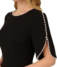 Adrianna Papell Stretch Crepe Crew Neck Short Sleeve Pearl Trim Knee Length Sheath Dress