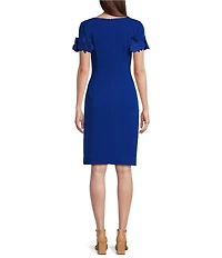 Adrianna Papell Stretch Crepe Surplice V-Neckline Short Floral Sleeve Dress