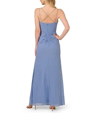 Adrianna Papell Stretch Mesh Surplice Spaghetti Strap Shirred Draped Gown