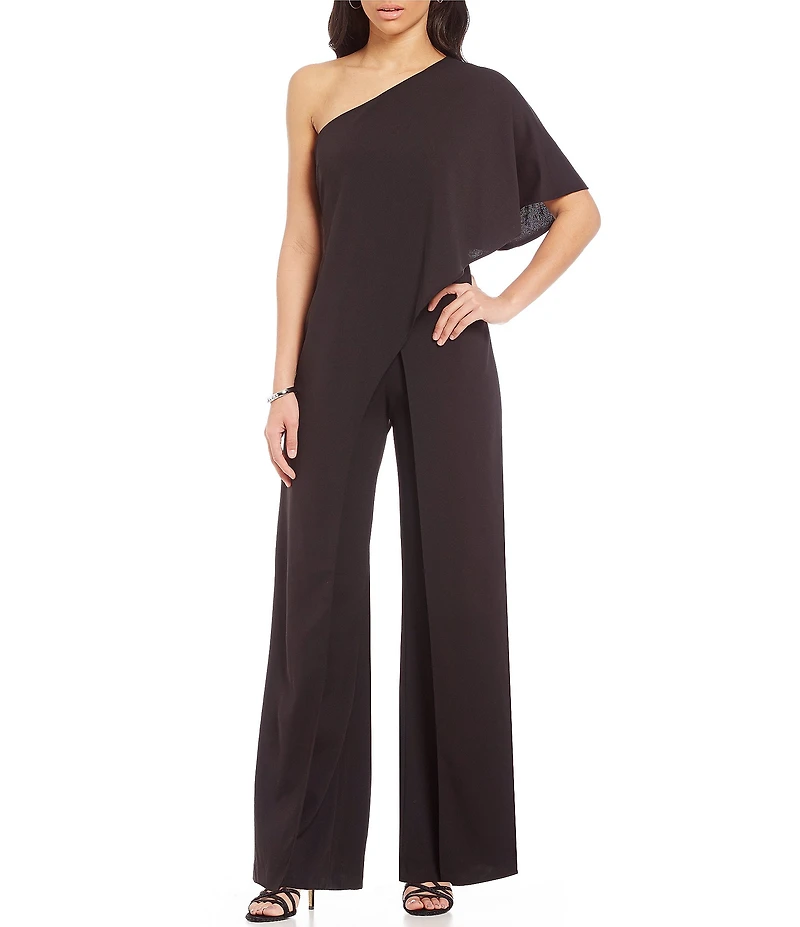 Adrianna Papell Stretch One Shoulder Short Flutter Sleeve Jumpsuit