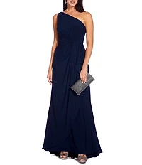 Adrianna Papell Stretch One Shoulder Sleeveless Twisted Front Draped Gown
