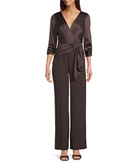 Adrianna Papell Stretch Satin Crepe Surplice V-Neck 3/4 Sleeve Side Drape Jumpsuit