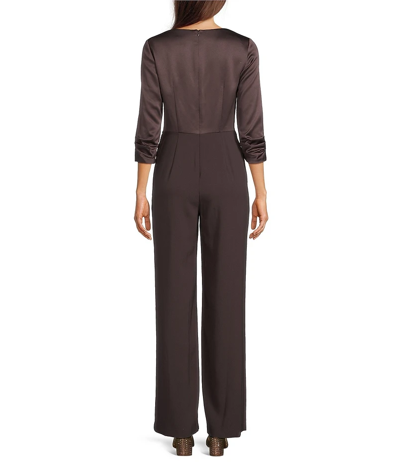 Adrianna Papell Stretch Satin Crepe Surplice V-Neck 3/4 Sleeve Side Drape Jumpsuit
