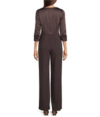 Adrianna Papell Stretch Satin Crepe Surplice V-Neck 3/4 Sleeve Side Drape Jumpsuit