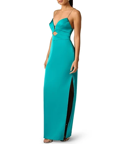 Adrianna Papell Stretch Satin V-Neck Beaded Sleeveless Sheath Long Dress