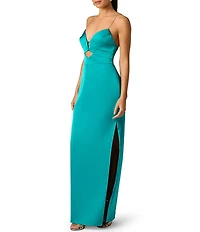 Adrianna Papell Stretch Satin V-Neck Beaded Sleeveless Sheath Long Dress