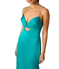 Adrianna Papell Stretch Satin V-Neck Beaded Sleeveless Sheath Long Dress