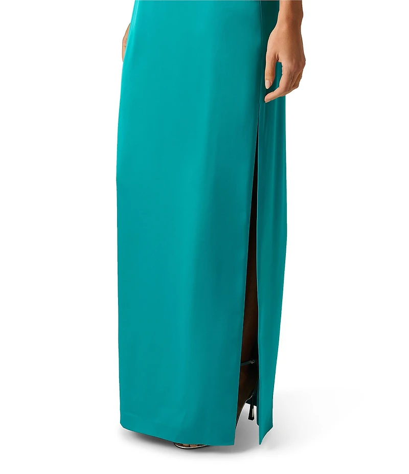 Adrianna Papell Stretch Satin V-Neck Beaded Sleeveless Sheath Long Dress