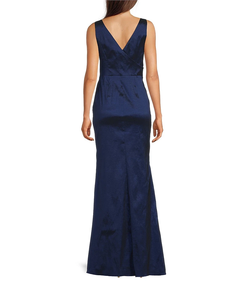 Adrianna Papell Stretch Taffeta Surplice Neck Sleeveless Bow Detail Mermaid Gown