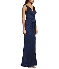 Adrianna Papell Stretch Taffeta Surplice Neck Sleeveless Bow Detail Mermaid Gown