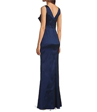 Adrianna Papell Stretch Taffeta Surplice Neck Sleeveless Bow Detail Mermaid Gown