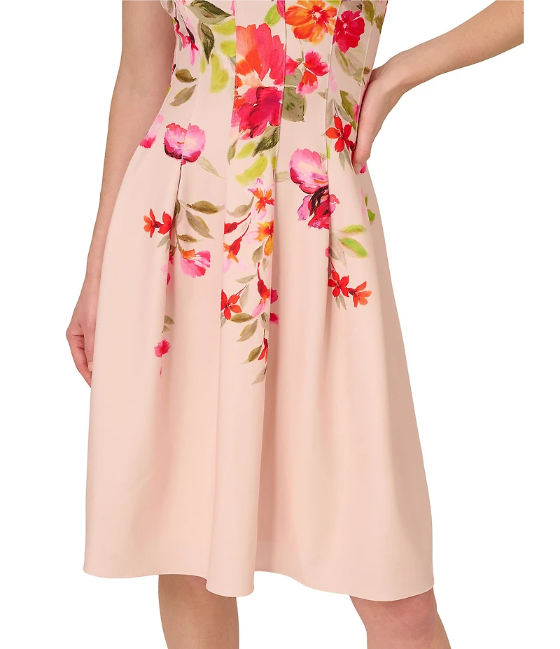 Adrianna Papell Stretch Twill Floral Print Halter Neck Sleeveless A-Line Knee Length Dress