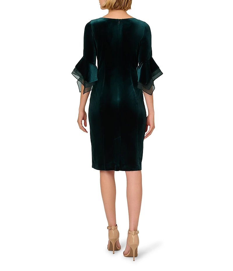 Adrianna Papell Stretch Velvet Boat Neck 3/4 Tiered Bell Sleeve Sheath Dress