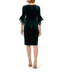 Adrianna Papell Stretch Velvet Boat Neck 3/4 Tiered Bell Sleeve Sheath Dress