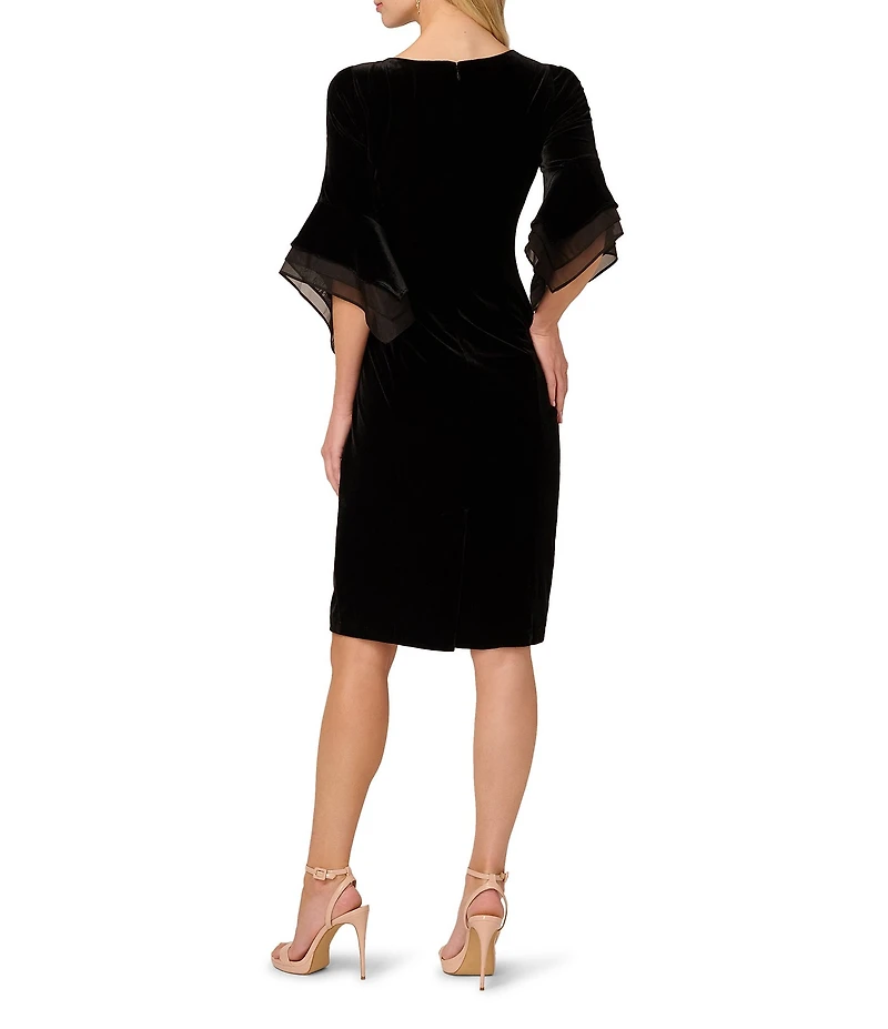 Adrianna Papell Stretch Velvet Boat Neck 3/4 Tiered Bell Sleeve Sheath Dress