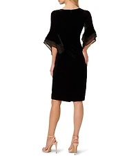 Adrianna Papell Stretch Velvet Boat Neck 3/4 Tiered Bell Sleeve Sheath Dress