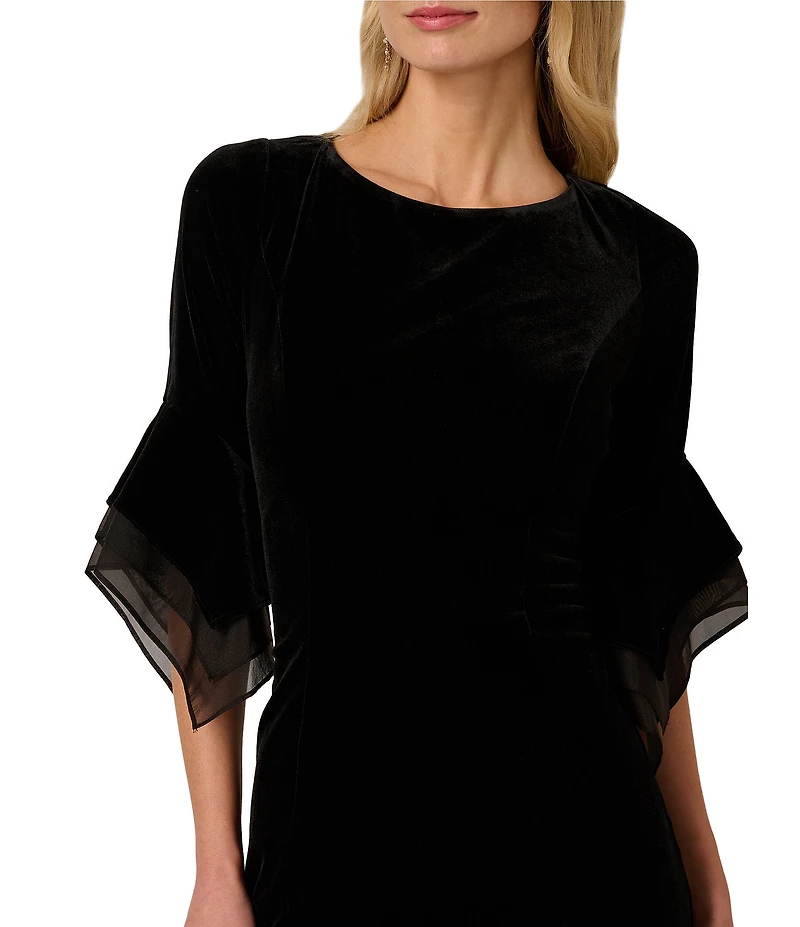 Adrianna Papell Stretch Velvet Boat Neck 3/4 Tiered Bell Sleeve Sheath Dress