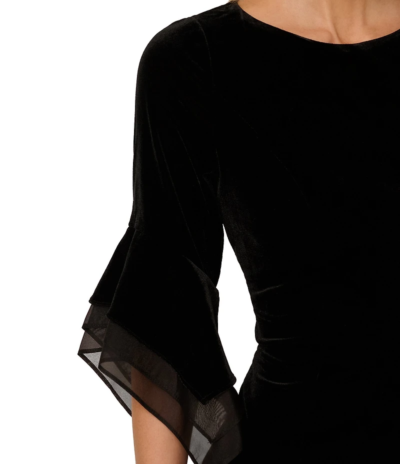 Adrianna Papell Stretch Velvet Boat Neck 3/4 Tiered Bell Sleeve Sheath Dress