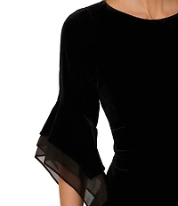 Adrianna Papell Stretch Velvet Boat Neck 3/4 Tiered Bell Sleeve Sheath Dress