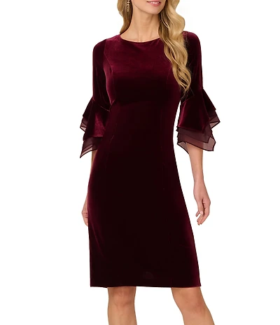 Adrianna Papell Stretch Velvet Boat Neck 3/4 Tiered Bell Sleeve Sheath Dress