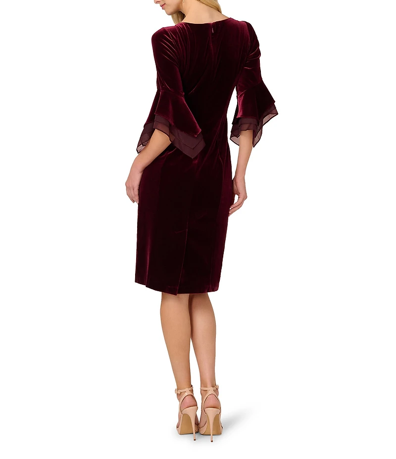 Adrianna Papell Stretch Velvet Boat Neck 3/4 Tiered Bell Sleeve Sheath Dress