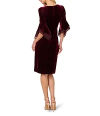 Adrianna Papell Stretch Velvet Boat Neck 3/4 Tiered Bell Sleeve Sheath Dress