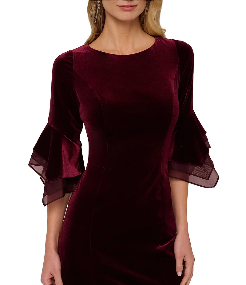 Adrianna Papell Stretch Velvet Boat Neck 3/4 Tiered Bell Sleeve Sheath Dress