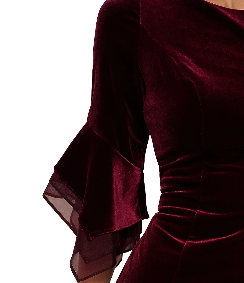 Adrianna Papell Stretch Velvet Boat Neck 3/4 Tiered Bell Sleeve Sheath Dress