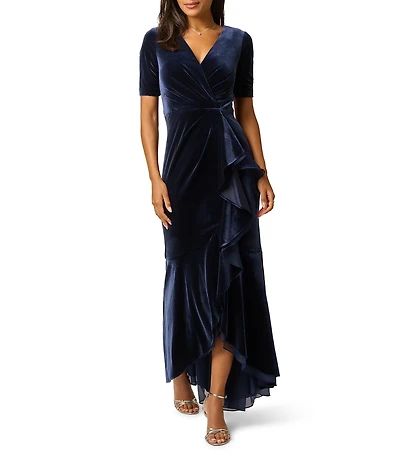 Adrianna Papell Stretch Velvet V Neck Short Sleeve Cascading Ruffle High-Low Long Dress