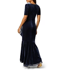 Adrianna Papell Stretch Velvet V Neck Short Sleeve Cascading Ruffle High-Low Long Dress