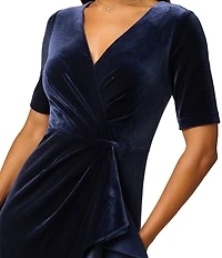 Adrianna Papell Stretch Velvet V Neck Short Sleeve Cascading Ruffle High-Low Long Dress