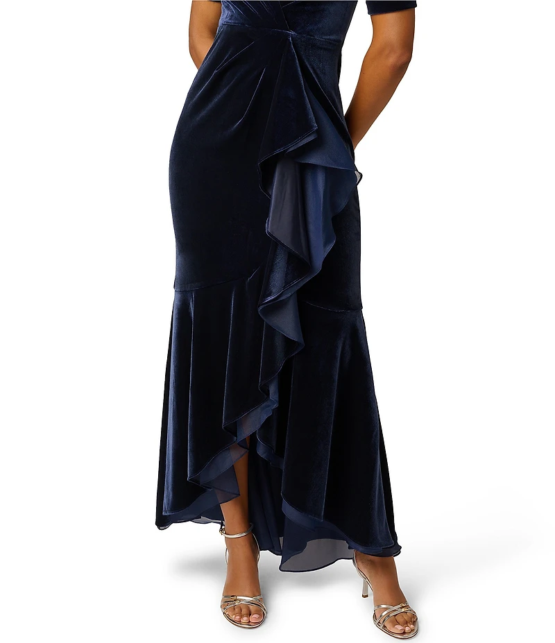 Adrianna Papell Stretch Velvet V Neck Short Sleeve Cascading Ruffle High-Low Long Dress